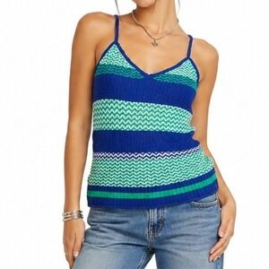 Knit Camisole Women L Blue Striped Chevron Tank Top Resortwear Boho Coastal New